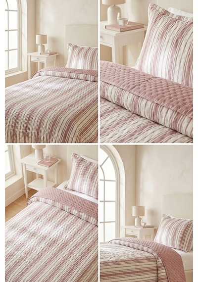 Ocean Home Textile Pamuklu Kapitoneli Bordo Renk Çizgi Desen Tek Kişilik Yatak Örtüsü Seti 1 Adet 180 X 230 / 1 Adet 50 X 70 Cm