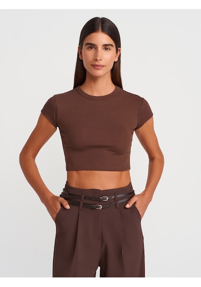 Dilvin 31810 Bisiklet Yaka Crop T-shirt-açık Kahve Açık Kahve