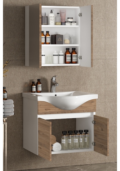 Yıldız 55 Cm Beyaz-atlantik Mdf Lavabolu Asma Banyo Dolabı Takımı Beyaz - Atlantik Çam
