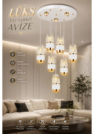 Modern Premium Lüks 7'li Sarkıt Led Avize Gold Beyaz Gövdeli Salon Avizesi 79w 3000k