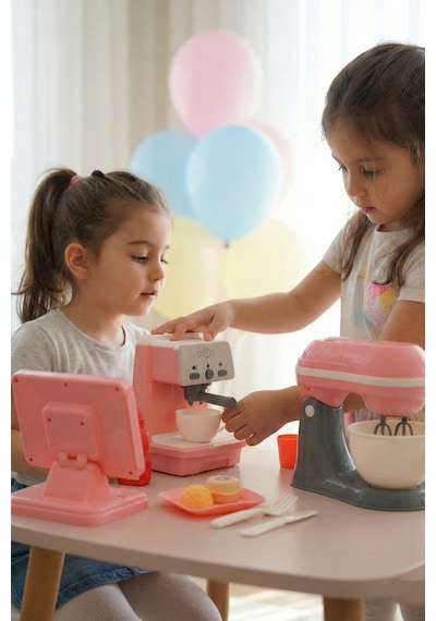 Kutulu Işıklı Oyuncak Kahve Makinesi Ve Mikser Set Pembe