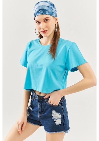 Kadın Rahat %100 Pamuklu Penye Bisiklet Yaka Kısa Kol Basic Crop T-shirt Aqua