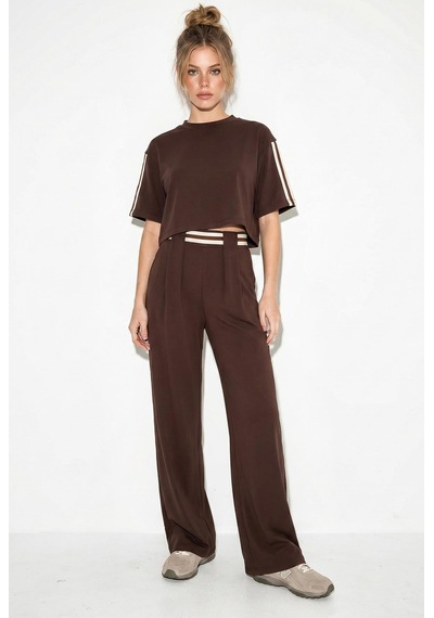 Shade Kadın Çizgi Detaylı Crop Bluzlu Yüksek Bel Modal Takım 4136 60286285 - Acı Kahve Çok Renkli
