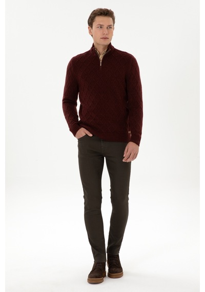 U.S. Polo Assn. Erkek Regular Fit Yarım Fermuarlı Desenli Bordo Kazak 50315035-VR177