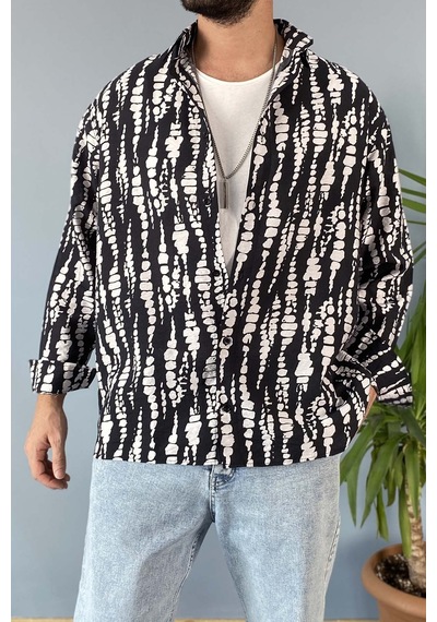 Alışveriş Sokağı Siyah Desenli Uzun Kollu Oversize Gömlek 001
