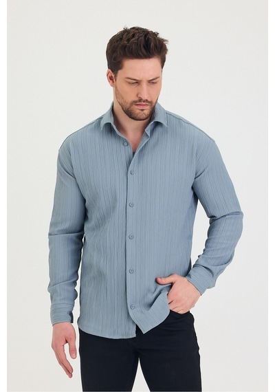 Cool Tarz Erkek Kendinden Çizgi Detaylı Slim Fit Dar Kalıp Uzun Kol Gömlek Mavi Mavi