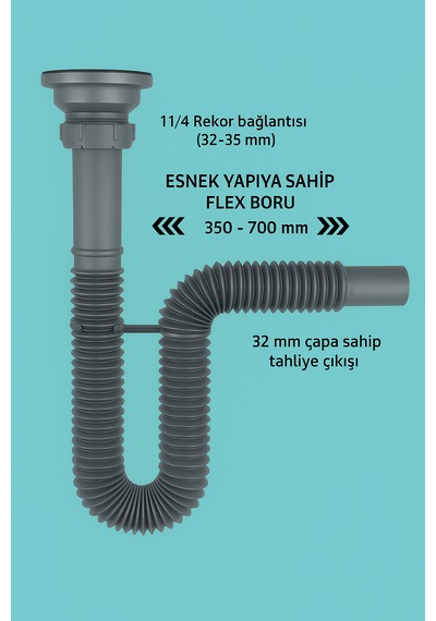 Gri Körüklü Lavabo Sifon Seti Adaptör Conta + Sifon Kelepçesi D