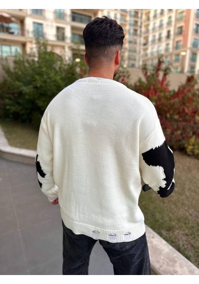 Kazak Çift Kat Örme Natural Pamuk Kazak Yırtık Detaylı Kendinden Desenli Lazer Kesim Salaş Triko Ekru