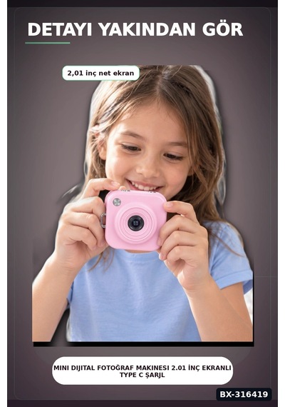 Mini Dijital Fotoğraf Makinesi 2.01 İnç Ekranlı Type C Şarjlı Pembe Kamera Bx-316419