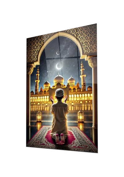 Hilal Ve Yıldız Altında Namaz Kılan Çocuk Figürlü İslami Cam Tablo İslami Motifli Dekoratif Duvar Tablosu, Salon Ve İbadet Alanı Dekoru,