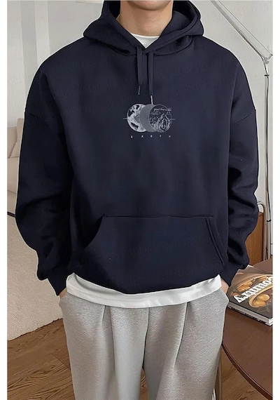 Uyguntarz Unisex Earth Baskılı Oversize Sweatshirt Lacivert
