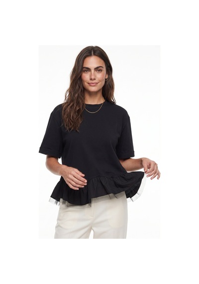 Onloox Kadın Siyah Siyah Pamuklu Bisiklet Yaka Kısa Kollu Oversize Alt Kısmı Volanlı Ve Tül Detaylı T-shirt
