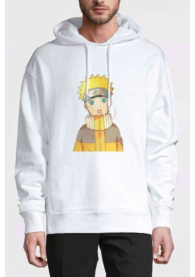 Anime Naruto Uzamaki Baskılı Beyaz Erkek Örme Kapşonlu Sweatshirt