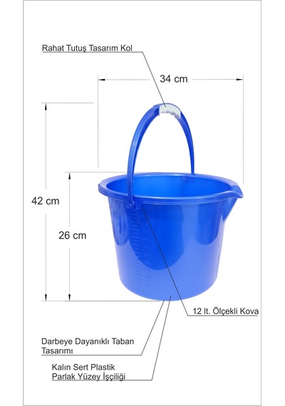 Büyük 12 Litre Ölçebilen Beher İki 2 Adet Mavi Saplı Kırılmaz Parlak Yüzeyli Sağlam Balıkçı Araba Yıkama Bahçe Su Buz Çöp Kova Kabı Kovası