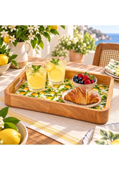 Mango Ağacı Dikdörtgen Servis Tepsisi, 33 X 22 X 4,70 Cm Limon Desenli Ahşap Sunum Tepsisi, Yüksek Kenarlı Kahvalt