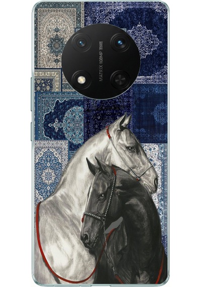 Honor X9c Uyumlu Mavi Kilim Desenli Siyah Ve Beyaz At Baskılı Silikon Kılıf Renkli
