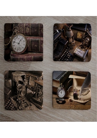 Köstekli Saat Daktilo Fotoğraf Makinesi Tüy Kalem Doğal Taş Bardak Altlığı 4'lü Set - Natural Stone Coasters - Taş Çok Renkli