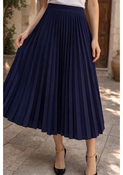 Wear Vexel Kadın 90 Cm Saten Kumaş Pliseli Midi Etek Şık Ve Zarif Tasarım - Lacivert Çok Renkli