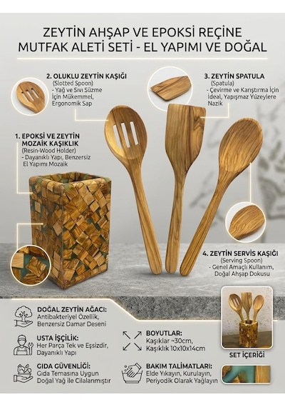 El Yapımı Zeytin Ağacı Mutfak Gereçleri Seti - Kaşık, Spatula, Oluklu Kaşık Ve Epoksi-zeytin Ağacından Yapıl