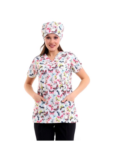 Yarasa Kol Dijital Unisex Desenli Üst - 6527 Beyaz Kelebek