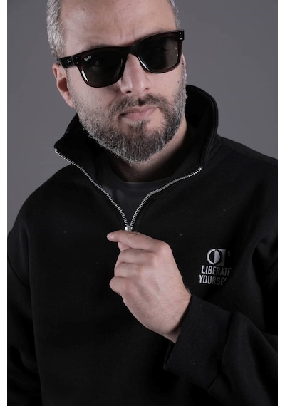 Dik Yakalı Parçalı Erkek Sweatshirt Siyah
