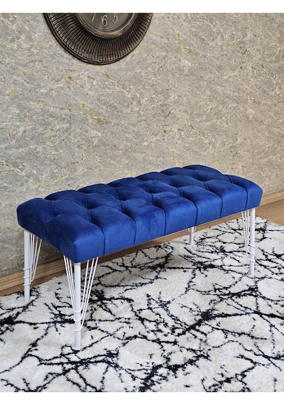 Zafir Beyaz Boyalı Tel Ayaklı 90 Cm Puf Bench - Puf - Bench - Kasalı Oturak - Oturak - Yatak Ucu Puf Mavi