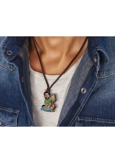 BK Gift Kişiye Özel Balıkçı Karikatürlü Deri İpli Ahşap Kolye, Se