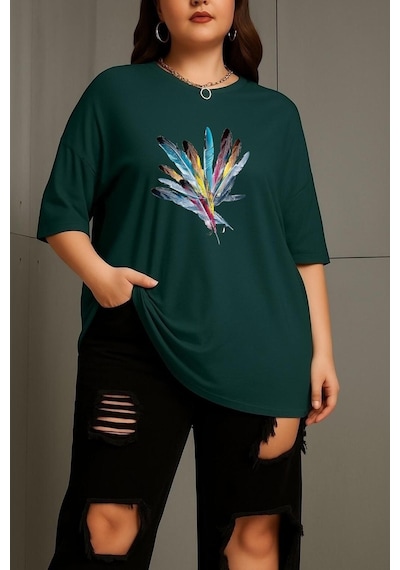 Büyük Beden Renkli Kuş Tüyü Baskılı Unisex Tişört Yeşil