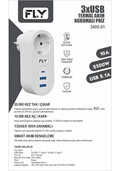 Fly Fly 3400 Termal Akım Korumalı, Çocuk Korumalı, 2 X Usb Type-c, 1 X Usb Type-c, Tekli Priz, Beyaz