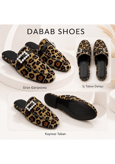 Dabab Shoes Marıgold Kadın Taşlı Tokalı Leopar Desenli Kadife Görünümlü Kapalı Burun Düz Taban Mule Terlik