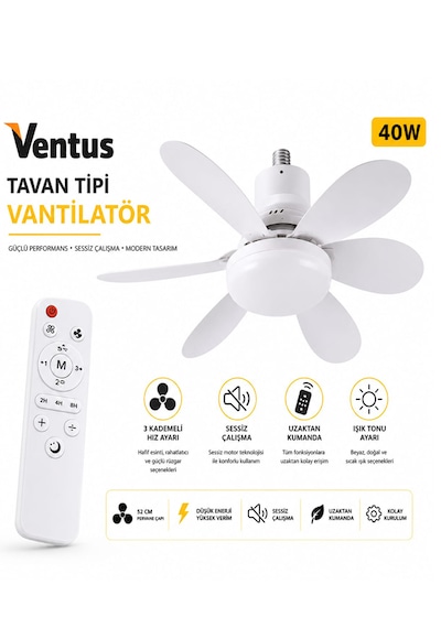 Ventus Sessiz Çalışma 6 Kanat Ve Işıklı Uzaktan Kumandalı Tavan Tipi Vantilatör-tavan Fanı 40w