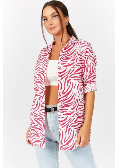 Armonika Kadın Fuşya Zebra Desen Oversize Uzun Basic Gömlek Arm-22y001145