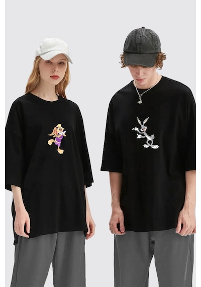 Unisex Kadın Erkek Bugs Bunny Ve Lola Baskılı Sevgili Çift Kombini Tasarım Oversize T-shirt 2'li Set Siyah Mck1966 Siyah