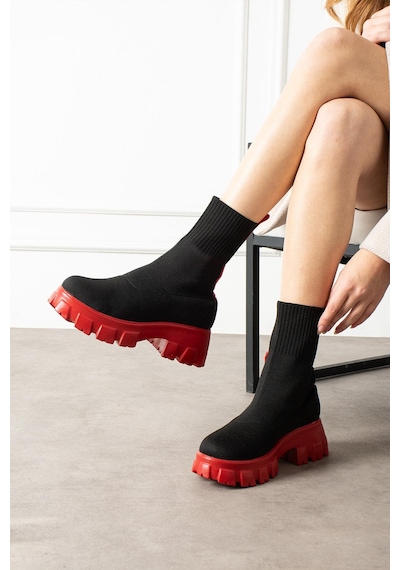 Shoetek Darve Kadın Bot Triko Dokumalı Lacivert Tabanlı Kırmızı Kırmızı