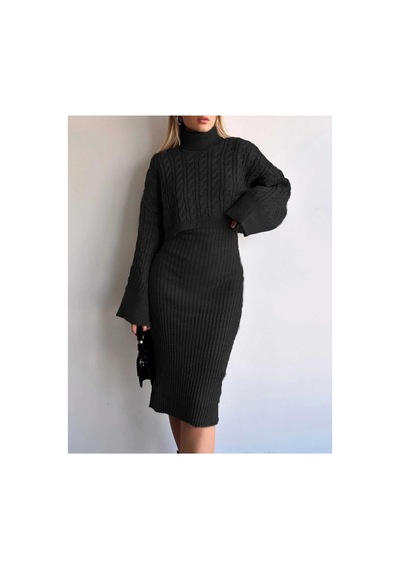 Flex Fashıon Boğazlı Saç Örgü Motifli Popüler Trend Crop Kazak Ve Triko Elbise Takım Siyah - 612102340 Siyah - 612102340 Siyah