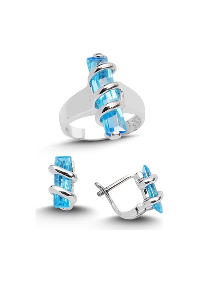 Kuyumcudükkani Mavi Topaz Renk Zirkon Taşlı Yüzük Küpe Seti-24008-w-blu 14 Beyaz