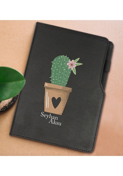Bk Gift Kişiye Özel Kaktüs Tasarımlı Siyah Termo Deri Not Defteri 15x21cm-6