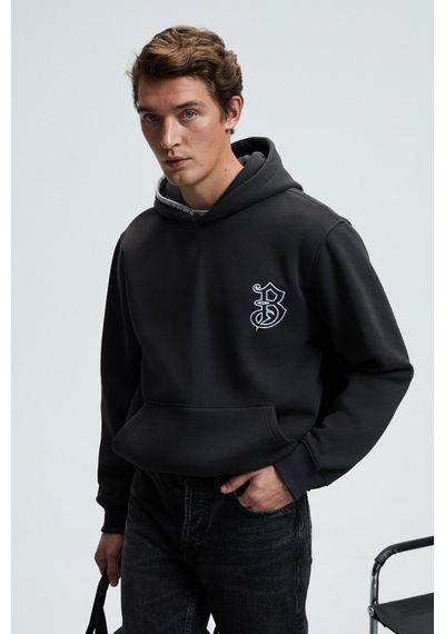 Grimelange GROVER Erkek Kapüşonlu Süs Dikiş Detaylı Göğsü Nakışlı Kanguru Cepli Antrasit Sweatshirt