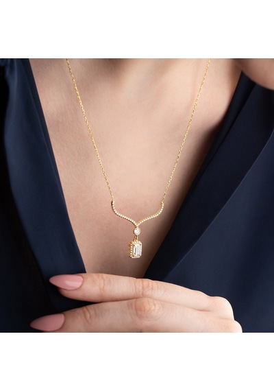Vaoov 925 Ayar Gümüş Baget Taşlı Gold Sallantılı Hediye Kolye Altın