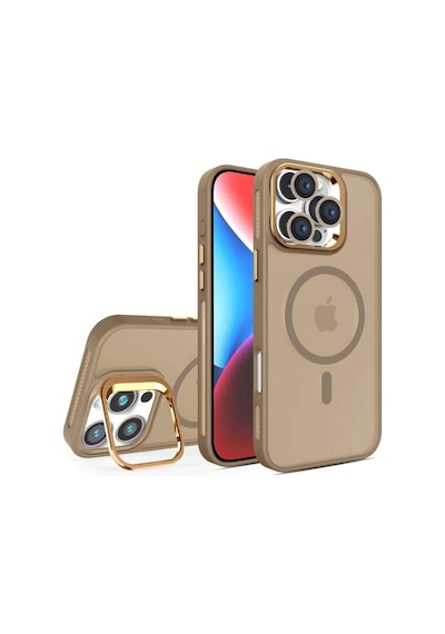 iPhone Uyumlu 14 Plus / 15 Plus Kamera Koruma Stantlı Magsafe Destekli Lens Koruyucu Telefon Kılıfı Çöl Kahve