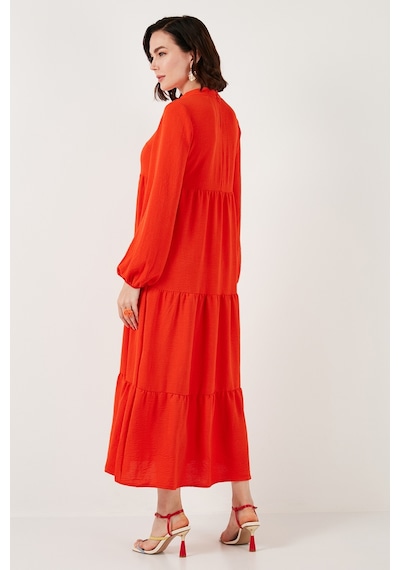 Lela Modest Regular Fit Dik Yaka Uzun Bayan Elbise 611El545 Oranj