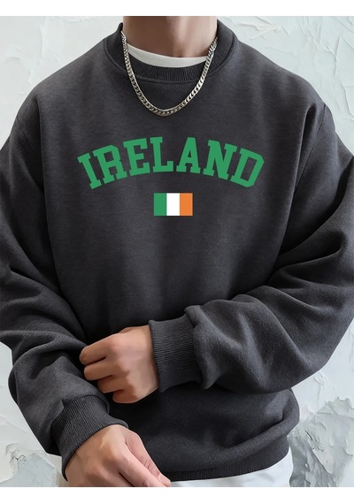 Startmore Tarzsokak İrlanda Bayrağı Baskılı Erkek Sweatshirtleri Kışlık Bisiklet Yaka Kapüşonlu Sokak Stili Polar Antrasit