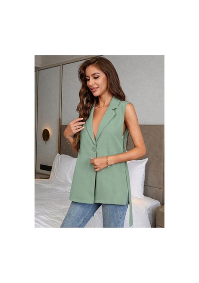 Butik İstanbul Kadın Kolsuz Yakalı Önden Düğmeli Belden Kuşaklı Atlas Ceket Yeşil
