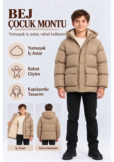 Ahengim Erkek Çocuk Kapüşonlu Peluş Astarlı Kapitone Kışlık Mont Ak 4302 Bej