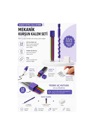 2.0 Mm Renkli Uç Ve Silgi Hediyeli 2.0 Mm Uçlu Kalem Seti 1 Adet Mor