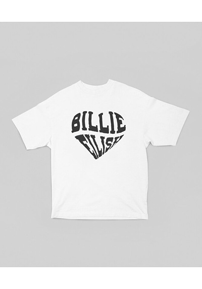 Sevbano Kalp Temalı Billie Eilish Yazılı Unisex Oversize Şarkıcı Tişört Beyaz