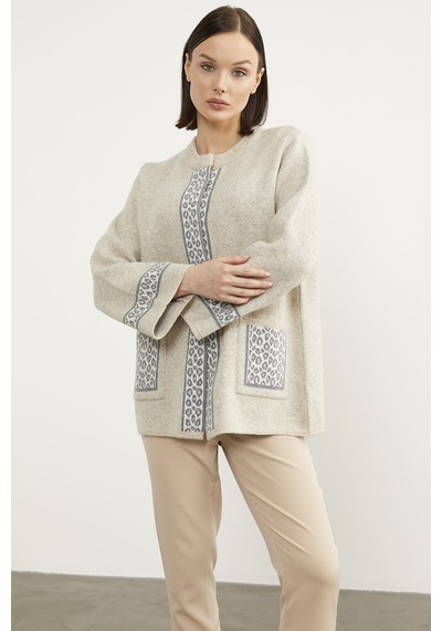 Sementa Leopar Detaylı Geniş Kalıp Triko Hırka - Bej 001
