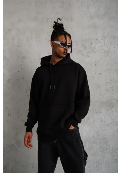 Modi Green Erkek Sokak Stili Siyah 3 İplik Hoodie Kapüşonlu Sweatshirt L