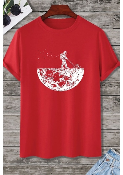 Unisex Uzay Temalı Baskılı Tasarım Tshirt Kırmızı