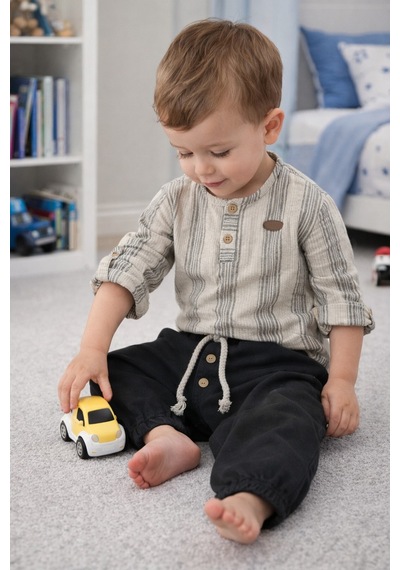 Babyhola Bayramlık Erkek Bebek İkili Takım Katlanabilir Kollu Müslin Üst Ve Pantolon Set 2218 Füme